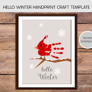 Bricolage empreinte de main hiver hiver, carte à imprimer hiver, activités préscolaires à la garderie, souvenir bricolage, oeuvres d'art hivernales pour bébé, oiseau cardinal rouge