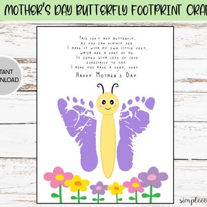 Mother's Day Butterfly Footprint Craft, Printable Footprint Art, Daycare Activities, DIY memory keepsake, Baby Art