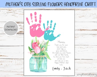 Mother's Day Siblings Flower Handprint Crafts, Printable Handprint Footprint Art, Daycare Activities, DIY memory keepsake, Baby Art