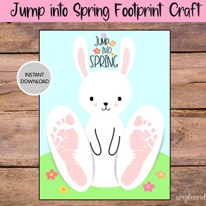 Sautez dans Spring Bunny Footprint Craft, Printable Footprint Art, Activité de garderie, Souvenir de mémoire DIY, Artisanat de printemps