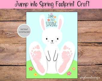 Jump into Spring Bunny Footprint Craft, Printable Footprint Art, Daycare Activity, DIY Memory Keepsake, Spring Crafts