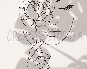 Peonie Flower Woman Svg, Png, eps, Dxf, Jpg , Peonie Minimalist Line Art , Line art Botanical Woman Instant Digital Download , Printable Art