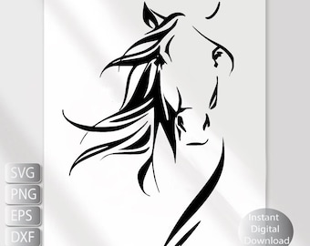 May include: Black and white line art illustration of a horse's head with its mane flowing in the wind.