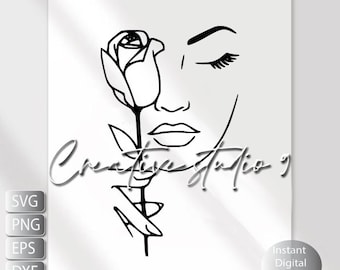 Woman Holding Rose Svg, Png, eps, Dxf, Jpg , Minimalist Face Line Art , Line art Botanical Woman Instant Digital Download , Printable Art