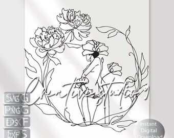 Botanical Floral Woman Line art  SVG, PNG, EPS, Dxf, Jpg and instant digital download.