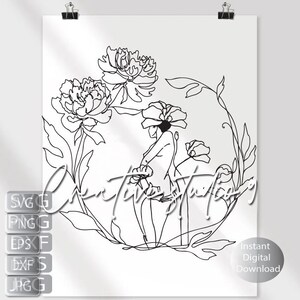 Botanical Floral Woman Line art  SVG, PNG, EPS, Dxf, Jpg and instant digital download.