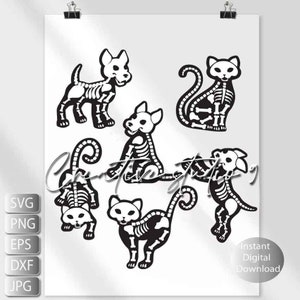 死者の日の子犬と猫、かわいいスケルトンの子犬と猫 SVG、PNG、EPS、Jpg、DFX インスタントデジタルダウンロード Cricut、シルエット
