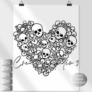 Heart Shaped of Skulls Svg, Png, eps, Dxf, Jpg ,  Cut Files For Silhouette, Skull Files for Cricut, Instant digital Download