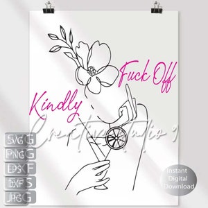 Minimalist Woman with Cocktail Floral Line Art, Svg, Png, Eps, Dxf, Jpg Instant Digital Download Printable Art