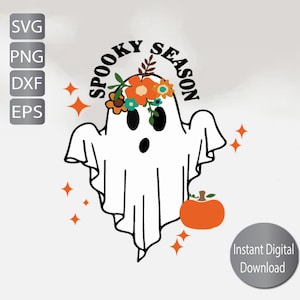 May include: A white ghost illustration with the text "Spooky Season" above its head, adorned with a floral crown. An orange pumpkin and starbursts are also included in the design. The image also includes the text "Instant Digital Download".
