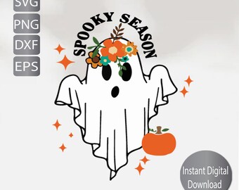 Ghost Halloween Cute Svg| Spooky Season Svg | Cute Pumpkin Ghose Flowers SVG, PNG, EPS, Dxf | Fall | Hslloween Svg, Png, Eps, Png, Jpg