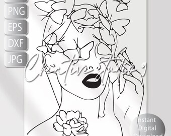 Botanical Woman Butterfly Line Art Svg, Png, Eps, Jpg Dfx Instant Digital Download Printable Art Cricut , Sublimation, Silouette, Glowforge