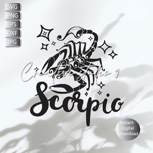 May include: Black and white illustration of a scorpion with the word "Scorpio" written in a stylized font. The scorpion is surrounded by small stars.