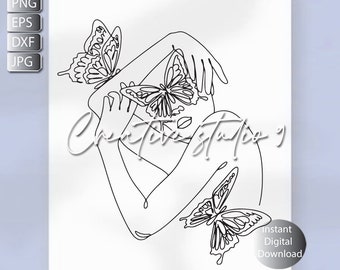 Botanical Woman Butterfly Line Art Svg, Png, Eps, Jpg Dfx Instant Digital Download Printable Art Cricut , Sublimation, Silouette, Glowforge