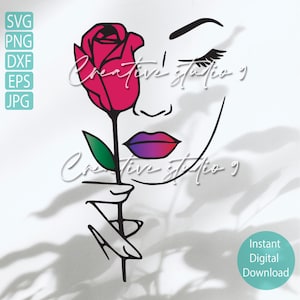 Woman Holding Rose Svg, Png, eps, Dxf, Jpg , Minimalist Face Line Art , Line art Botanical Woman Instant Digital Download , Printable Art
