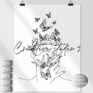 May include: Line art drawing of a face with butterflies and flowers surrounding it. The butterflies are in various positions, some with their wings open and some with their wings closed. The flowers are simple and stylized.