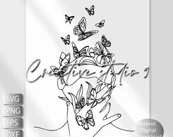 Botanical Woman Butterfly Line Art Svg, Png, Eps, Jpg Dfx Instant Digital Download Printable Art Cricut , Sublimation, Silhouette, Glowforge