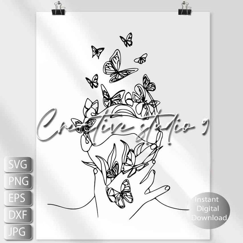 May include: Line art drawing of a face with butterflies and flowers surrounding it. The butterflies are in various positions, some with their wings open and some with their wings closed. The flowers are simple and stylized.