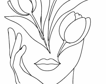 Tulip Flower Woman Svg, Png, eps, Dxf, Jpg , Minimalist Line Art , Line art Botanical Woman Instant Digital Download , Printable Art