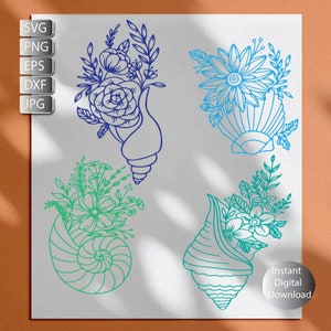 May include: Four digital downloads of line art illustrations featuring seashells with floral arrangements. The seashells are in shades of blue and green, and the flowers are in shades of blue and green.