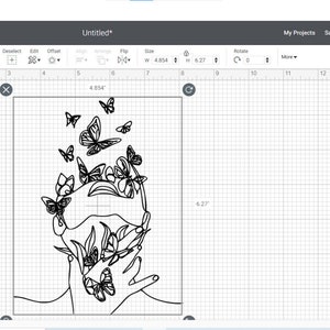 May include: A black and white digital illustration of a person's face with butterflies surrounding it. The butterflies are in various positions and sizes. The image is on a white background.