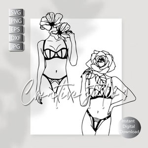 Floral Lingerie Woman Line Art , Minimalist Woman Fashion Underwear Svg, Png, Dxf, Eps Modern Printable Art Instant Digital Download