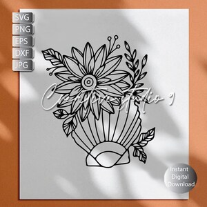 May include: Black and white line art illustration of a seashell with a flower arrangement inside. The flower has multiple petals and a center circle. The seashell has a scalloped edge.