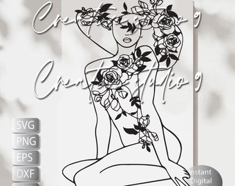Botanical Floral Woman Line art SVG, PNG, EPS, Dxf, Jpg and instant digital download.