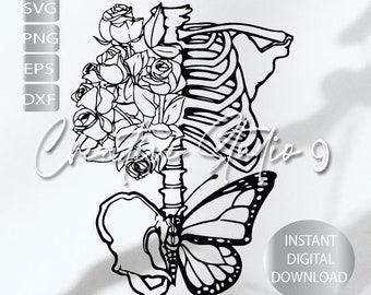 Florales Skelett Torso, SVG, PNG, EPS, Jpg, Dxf, Skull Art, Halloween, Sofortiger digitaler Download