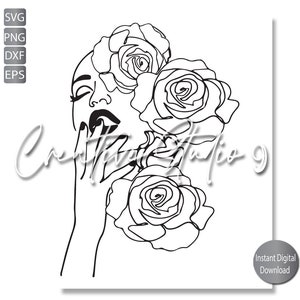 May include: Line art drawing of a woman's face with roses around her head. The woman's eyes are closed and she is touching her face with her hand.