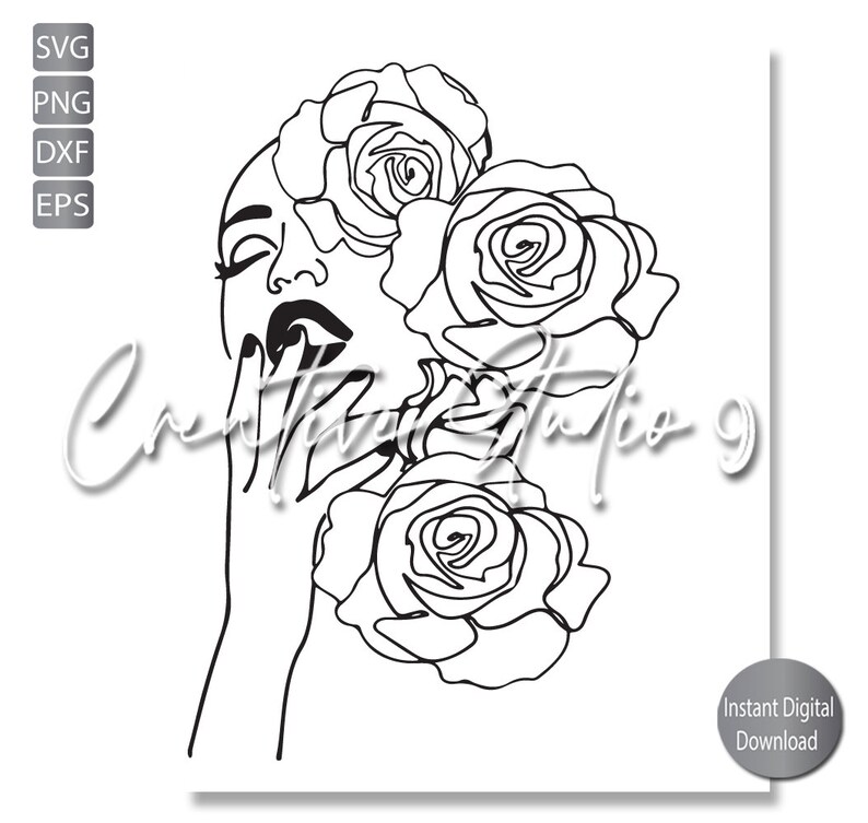 May include: Line art drawing of a woman's face with roses around her head. The woman's eyes are closed and she is touching her face with her hand.