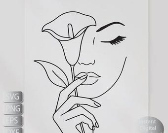 Calla Lily Woman Holding Svg, Png, eps, Jpg , Minimalist Face Line Art , Line art Botanical Woman Instant Digital Download , Printable Art