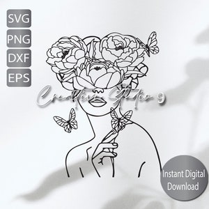 Botanical Woman Floral Line Art SVG, PNG, EPS, Dxf, Jpg / Butterfly Floral Svg / Line Art Svg / Instant digital Download / Cricut/ Silouette