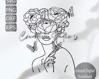 Botanical Woman Floral Line Art SVG, PNG, EPS, Dxf, Jpg / Butterfly Floral Svg / Line Art Svg / Instant digital Download / Cricut/ Silouette