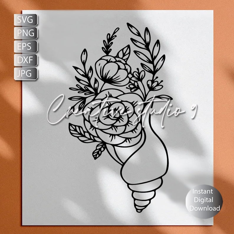 May include: Black and white line art illustration of a seashell with flowers inside. The flowers are stylized and have a simple design. The seashell is a spiral shape with a pointed tip.
