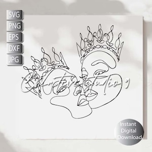 Queen Crown Line art Svg, Png, Eps, Dxf, Jpg , Minimalist Crown Line Art, Womans Face , Instant Digital down Download