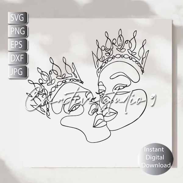 Queen Crown Line art Svg, Png, Eps, Dxf, Jpg , Minimalist Crown Line Art, Womans Face , Instant Digital down Download