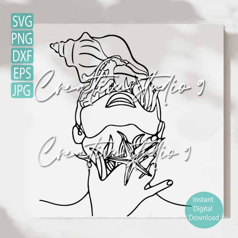 May include: Line art illustration of a woman's face with a seashell and starfish on her head. The illustration is in black and white.