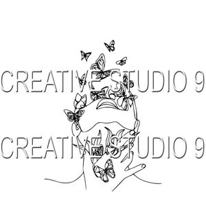May include: Line art drawing of a person's face with butterflies surrounding the head. The butterflies are drawn in a simple style with delicate wings. The person's face is partially obscured by the butterflies, but the outline of their features is visible. The drawing is in black and white.
