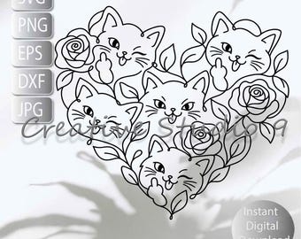 Heart Middle Finger Cats, Kittens ,Sarcastic Valentines  Funny Humor vg, Png, Eps, Dxf Instant Digital Download