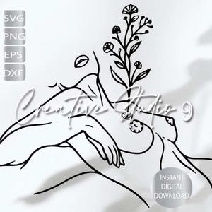 May include: Black and white line art illustration of a woman's body with a flower growing from her chest. The woman is lying on her side with her arm resting on her chest. The flower has a stem and leaves.