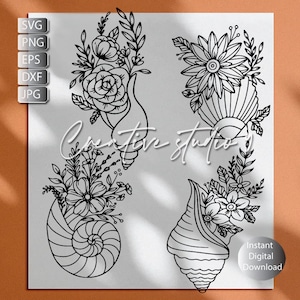 May include: A set of four black and white line art illustrations of seashells with floral designs. Each seashell is decorated with different types of flowers and leaves.