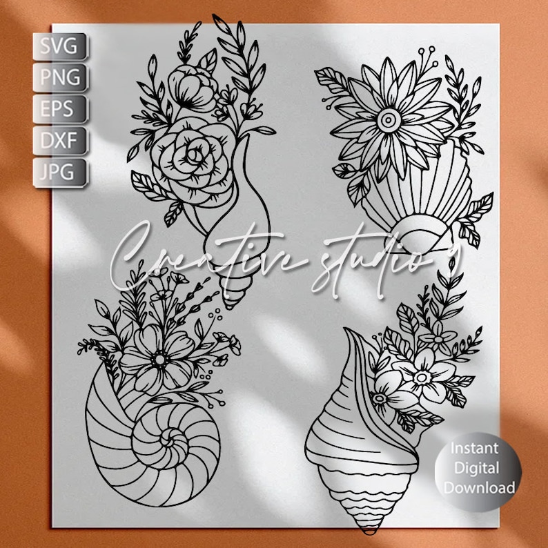 May include: A set of four black and white line art illustrations of seashells with floral designs. Each seashell is decorated with different types of flowers and leaves.