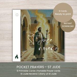 May include: Printable prayer cards featuring an illustration of Saint Jude Thaddeus, a Catholic saint known for miracles. The cards include the text "Pray the St. Jude Novena with us".