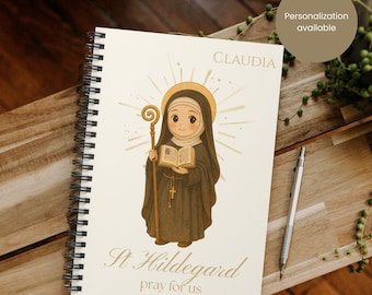 Cuaderno espiral de Santa Hildegarda de Bingen, cuaderno personalizado con dibujos animados de santos, diario de oración católico para niños con dibujos animados, lindo regalo de santos ilustrados