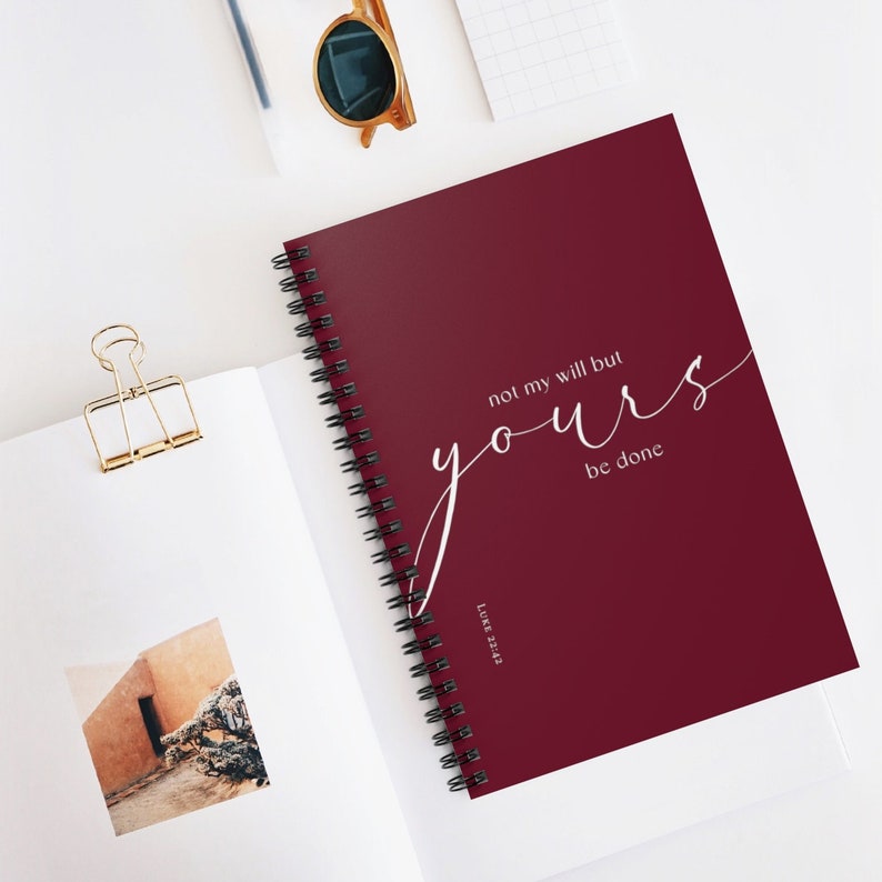 Maroon Red Faith spiral notebook "not my will but Yours be done" Luke 22:42 Christian notebook Catholic prayer journal