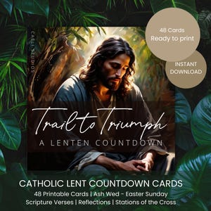 Carte stampabili per il conto alla rovescia della Quaresima cristiana Calendario della Quaresima di 48 giorni pieno di fede Formati PNG e PDF riutilizzabili per l'ispirazione cattolica per la preparazione alla Pasqua