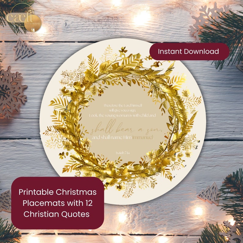 Christmas Table Decor Placemat Printable Gold Wreath Set of 12 Etsy