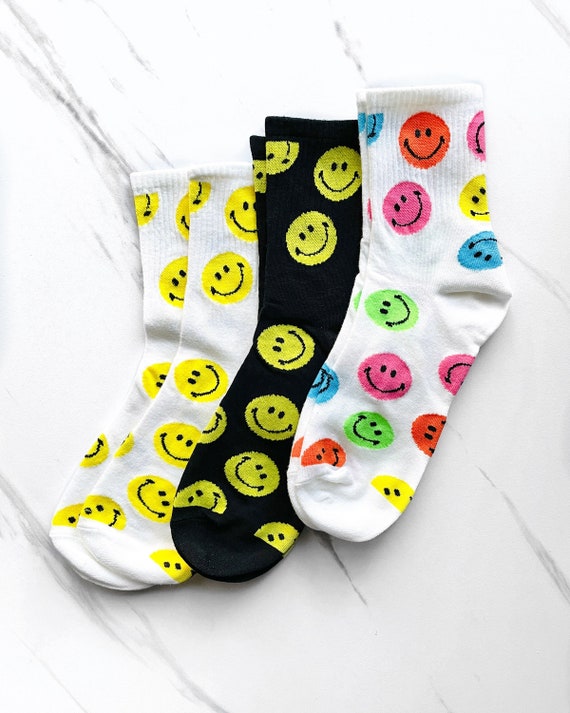 Smiley Face Socks Happy Face Crew Socks Womens Happy Face Etsy