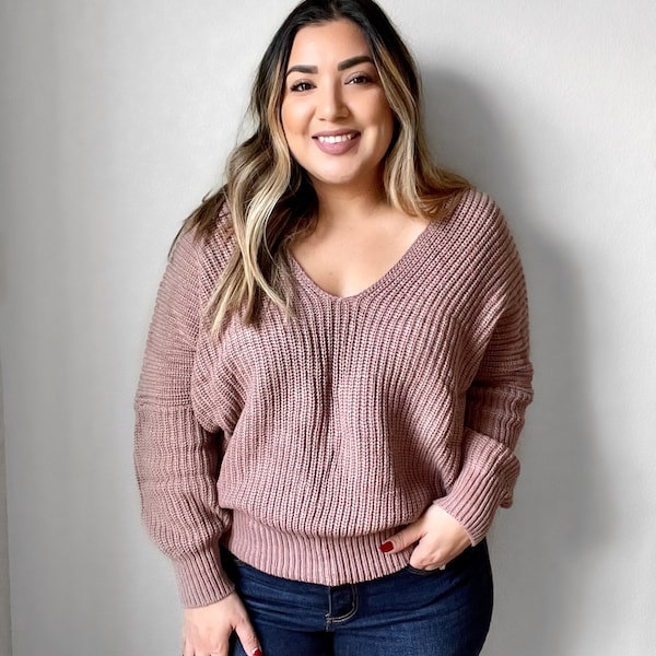 Chunky Knit V-Neck Sweater  in Taupe Blush| Women's Drop Shoulder Knit Pullover Sweater | Women's Cozy Knit Oversized Sweater in Taupe Blush